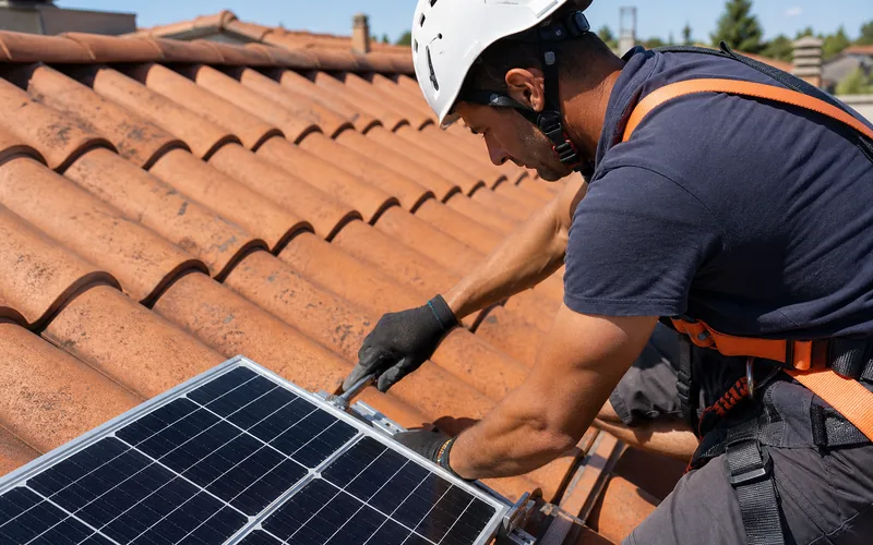 Installatore che fissa un pannello solare su un tetto in coppi