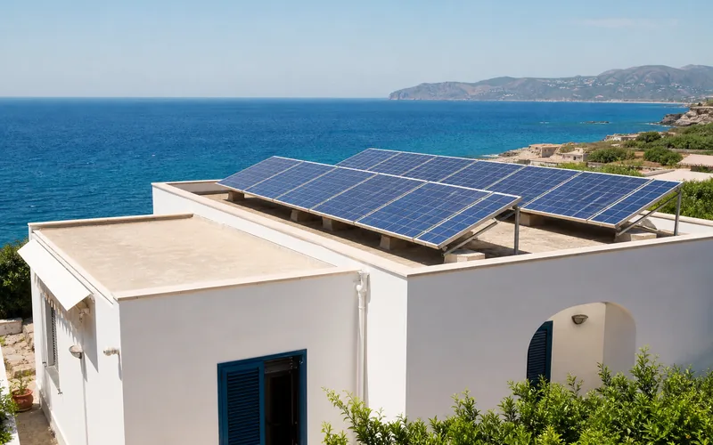Pannelli solari sul tetto piano di una casa al mare