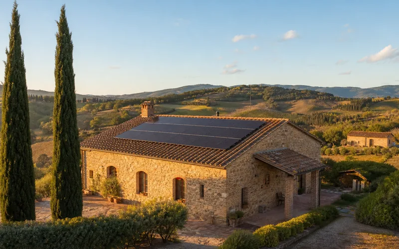 Pannelli solari sul tetto di un casale toscano