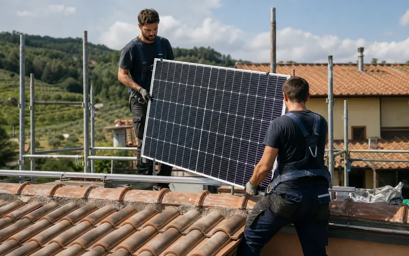 Tecnici che installano un pannello fotovoltaico